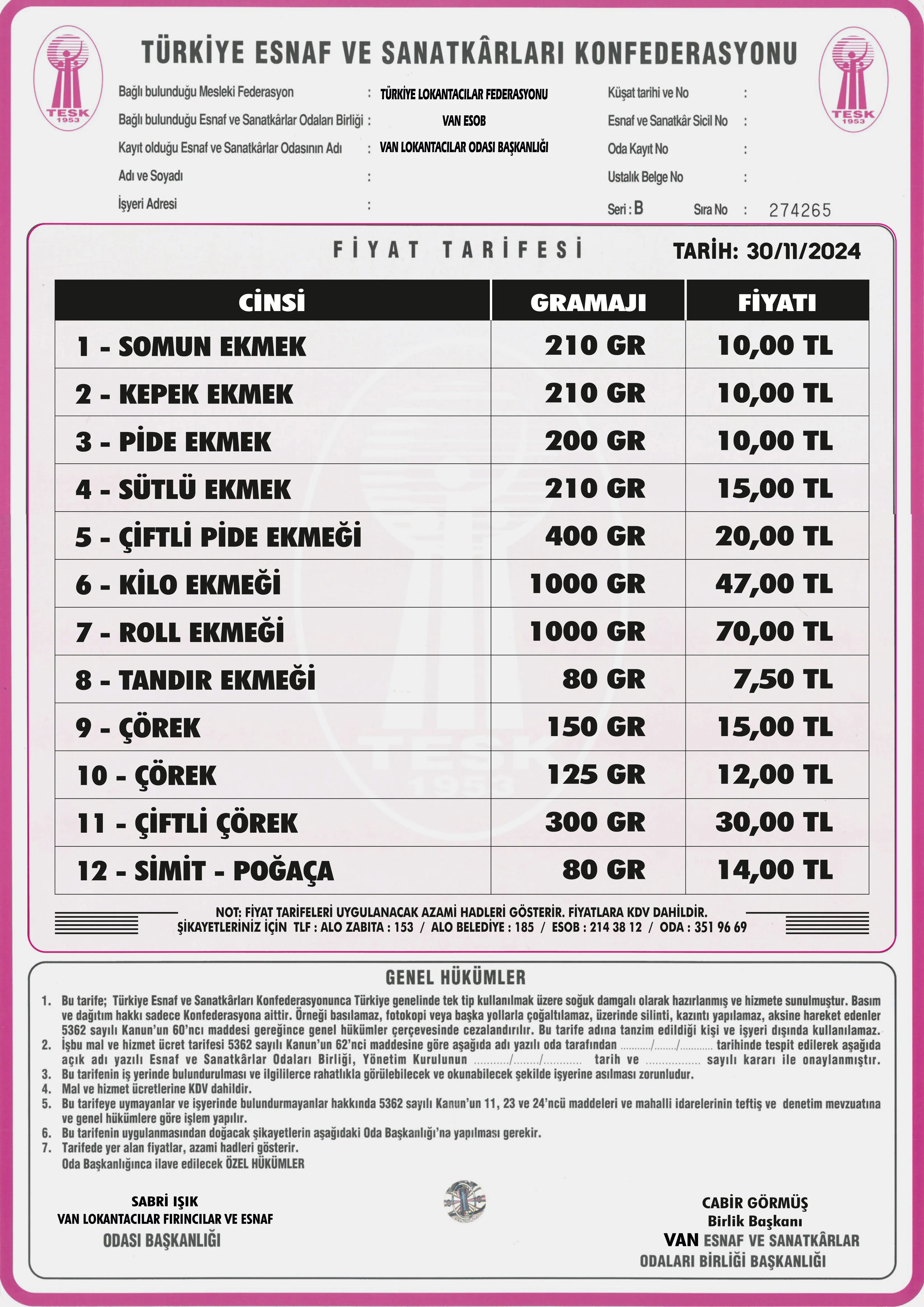 Ekmek Fiyat Listesi